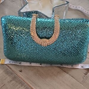 Shimmering Teal Clutch with Gold Detail and Rhinestone Magnetic Closure NWOT